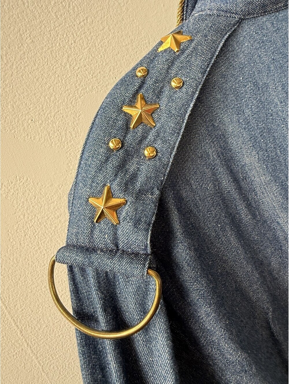 Vintage 80s Rafael Gold Star Studded Denim Maxi Dress 100% Cotton Western Small - Picture 3 of 9
